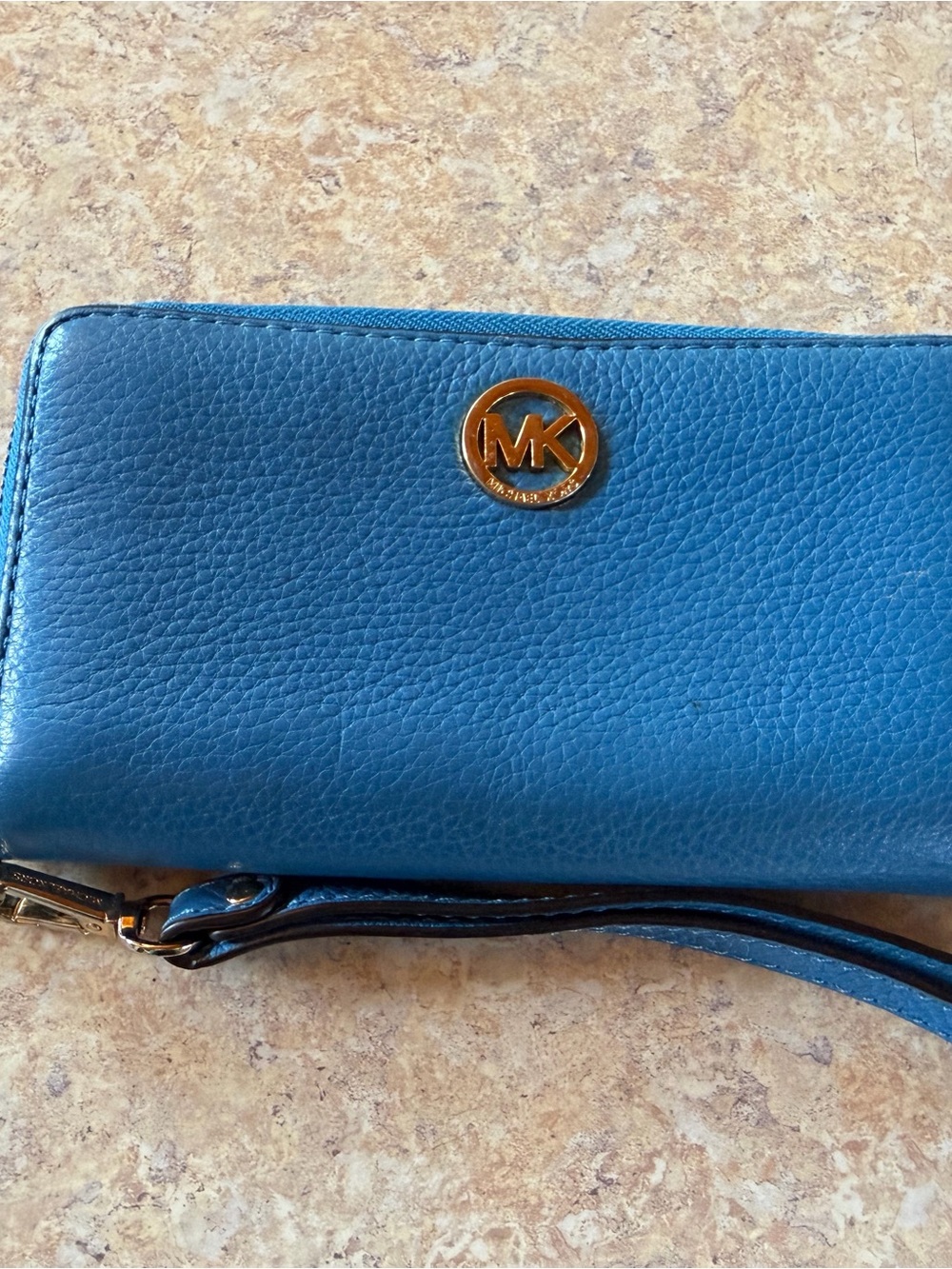 Michael Kors Teal Pebbled Leather Wristlet with Gold MK Emblem